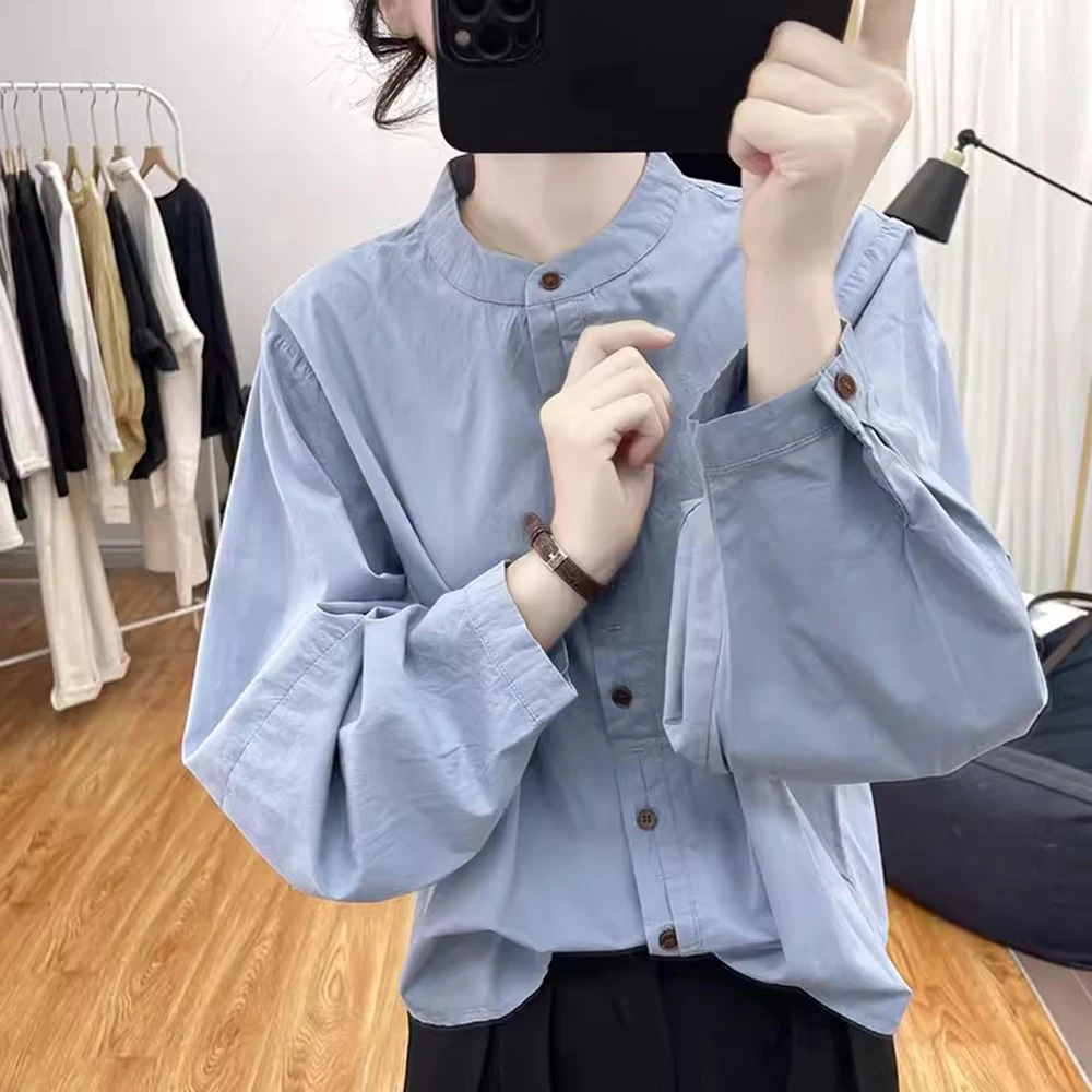 复古立领长袖纯棉衬衫女早秋新款洋气减龄宽松休闲衬衣外搭上衣潮