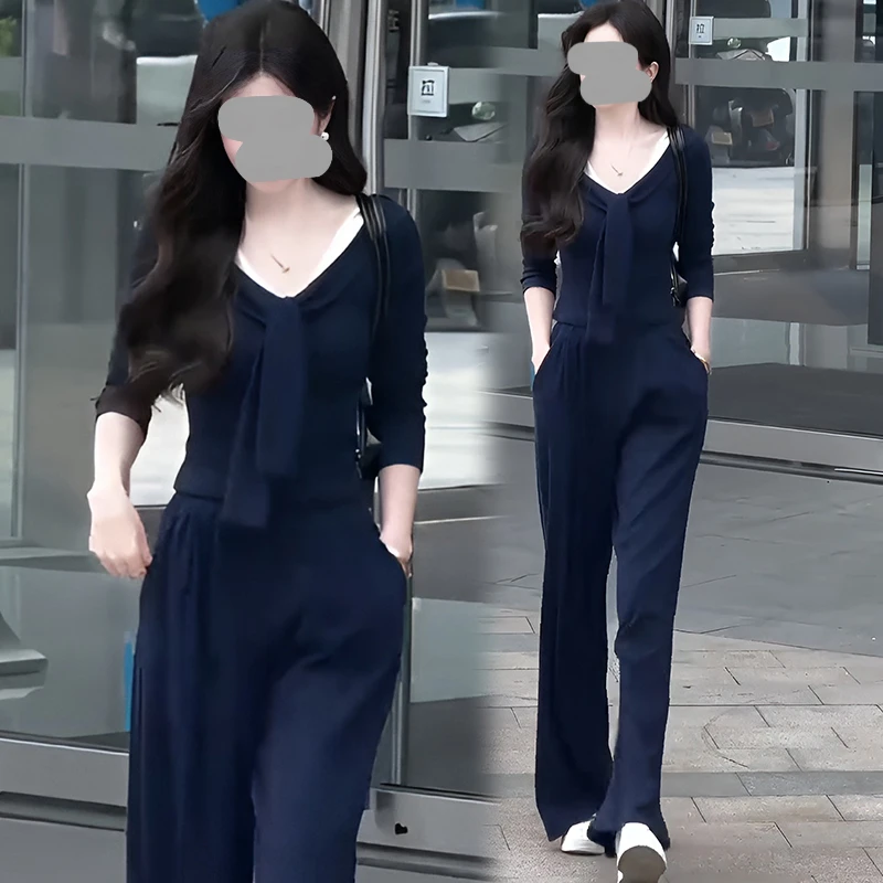 2025超火夏装一整套拼接针织上衣高腰裤设计感减龄时尚气质两件套