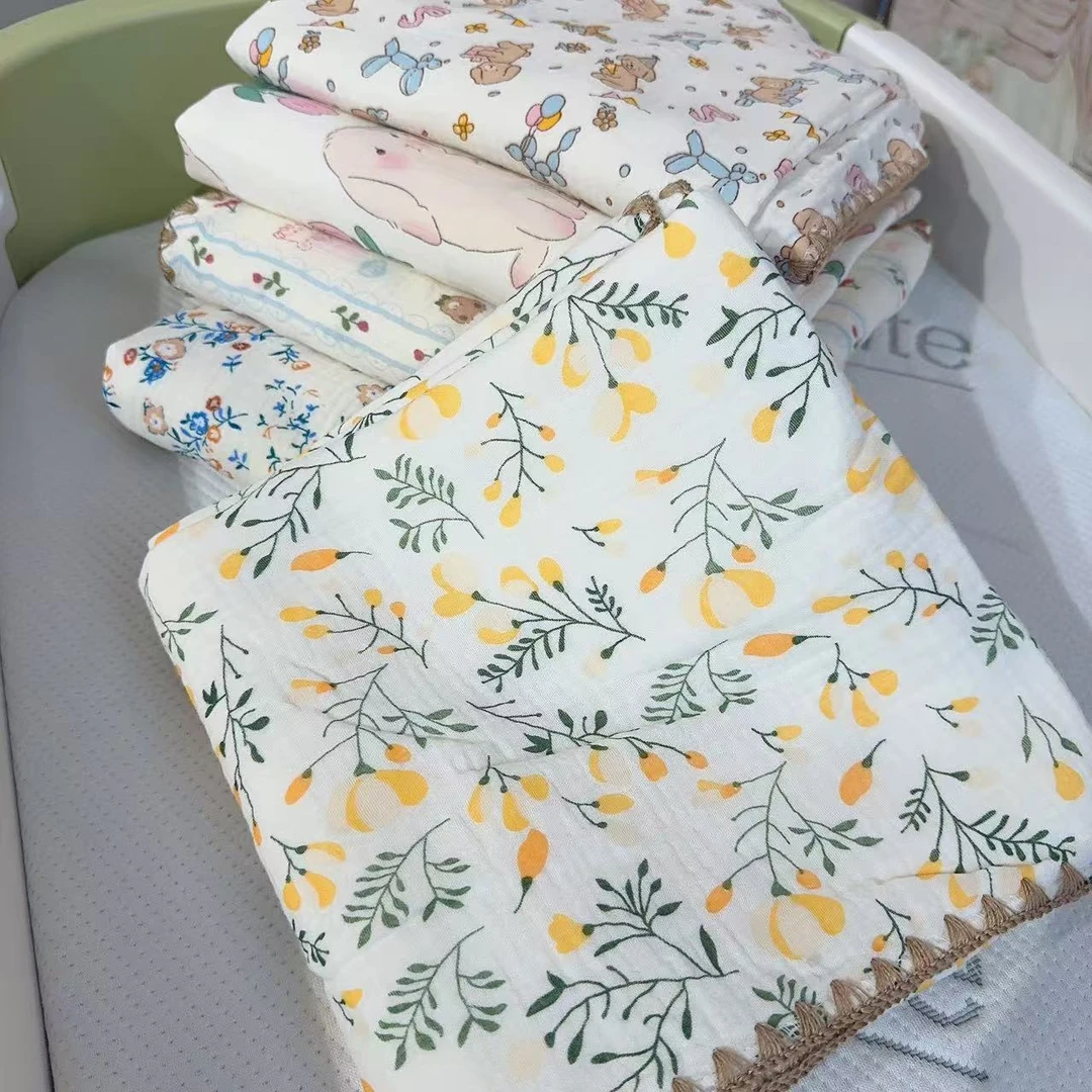纯棉新生儿A类单面印花婴幼儿可爱柔软亲肤双层皱多功能布毯