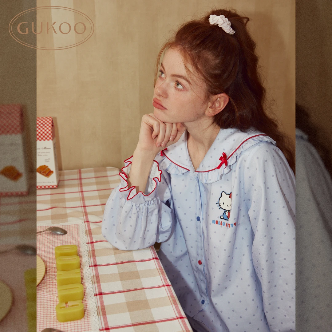【陈西贝专属】Gukoo果壳kitty系列蓝色长袖家居服套装少女甜美