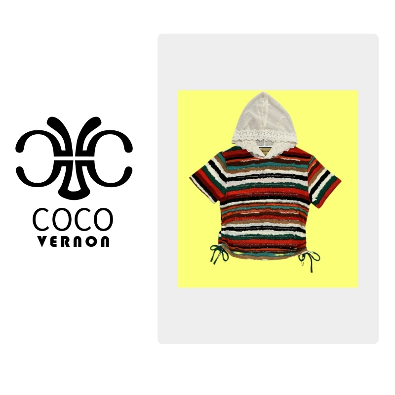 【VERNON COCO】Y20春夏上新条纹蕾丝收腰显瘦短袖T恤VN993