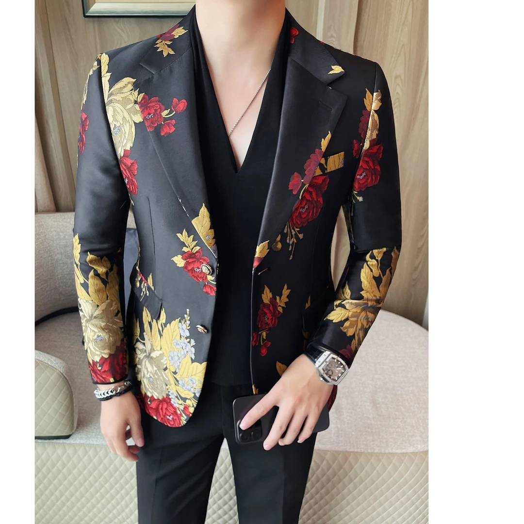 罗尔基那斯花西装外套男士新款春秋高级感痞帅演出服国风休闲西服