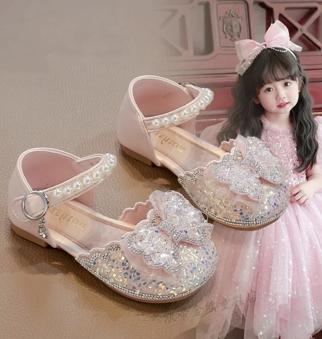 夏季儿童凉鞋女孩公主亮片水晶鞋中大童时尚女童珍珠韩版洋气软底