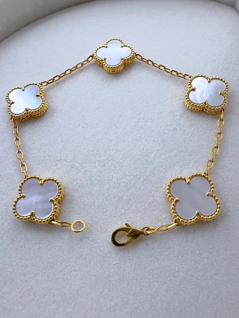 重金五花18K金白贝母15mm四叶草手链