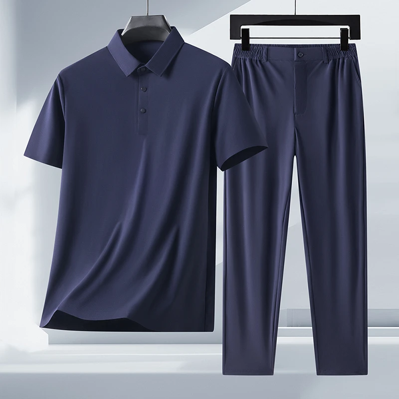 【可系皮带】皮尔卡丹男士夏季短袖套装薄款免烫抗皱休闲弹力两件套