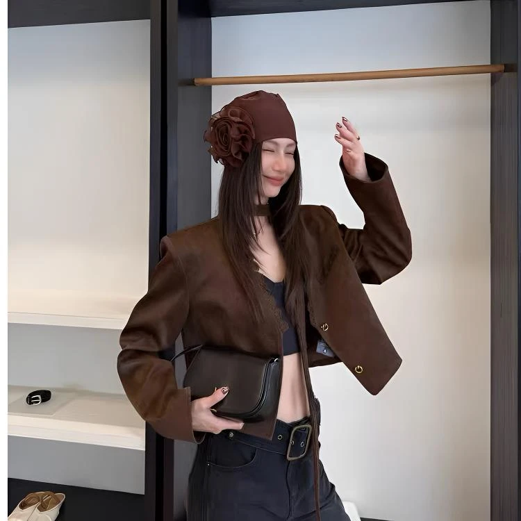 气质蕾丝飘带圆领工艺皮法式复古短外套8631小众时尚