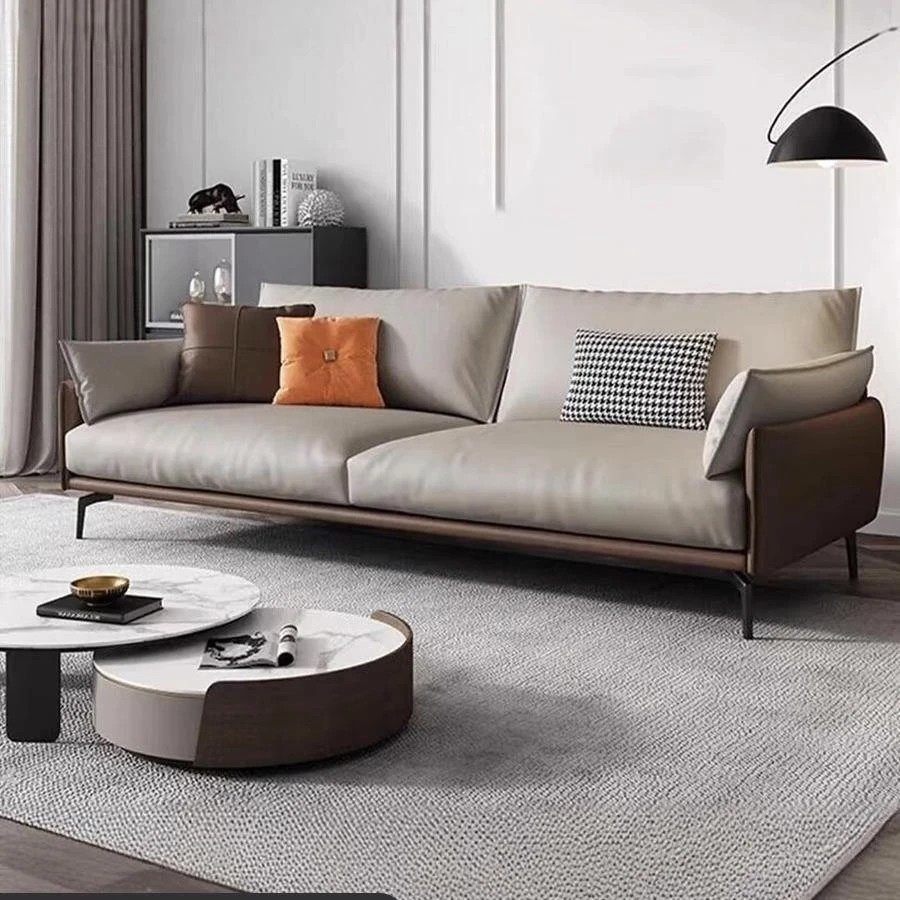 意式真皮三人位简约商务休闲会客办公沙发接待室客厅沙发茶几组合