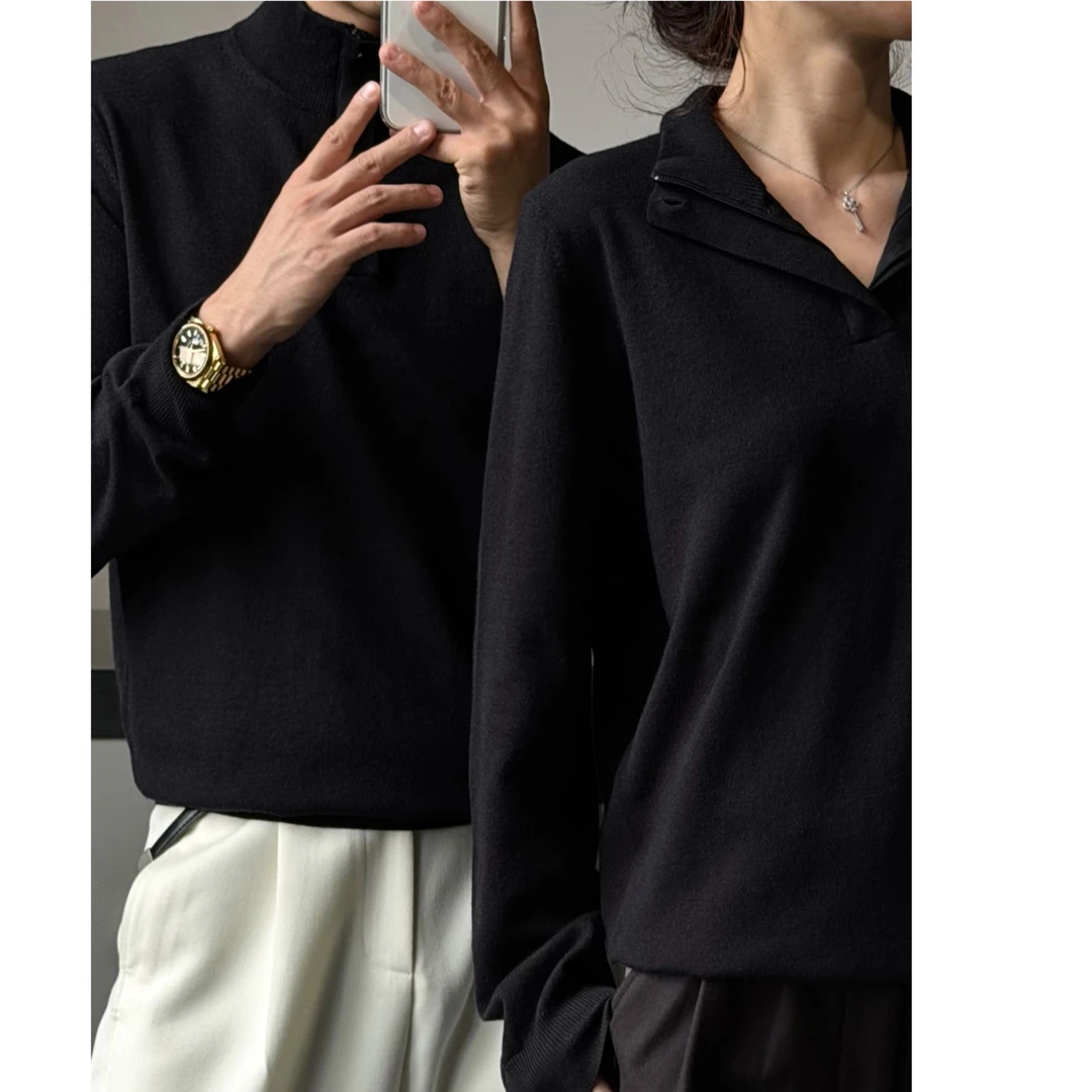 AIXKOM｜2025秋季时尚百搭纯色半高领长袖打底针织POLO衫