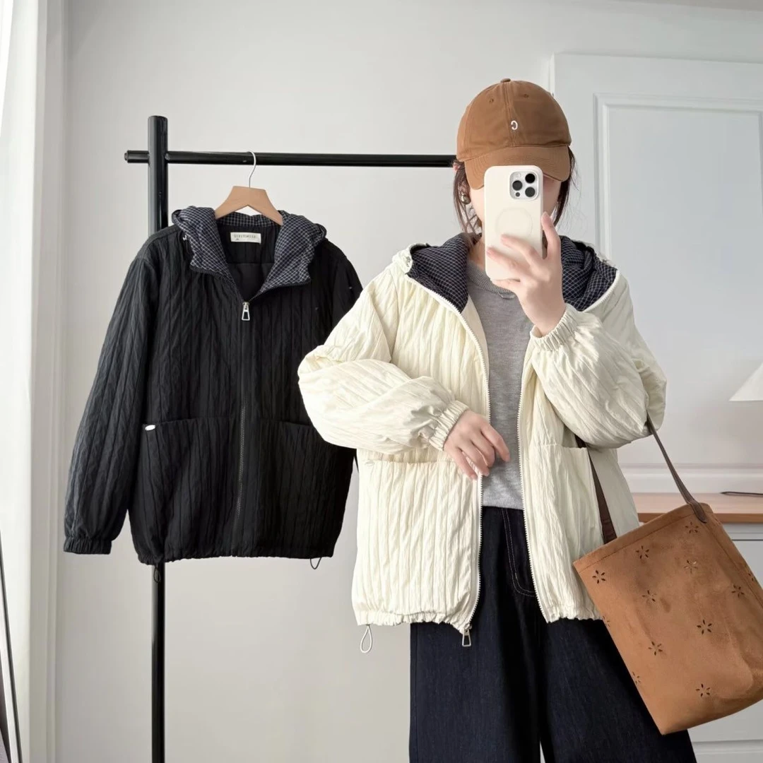 胖mm连帽夹棉外套女格子拼接二棉夹克2025新款轻薄棉服薄款棉衣