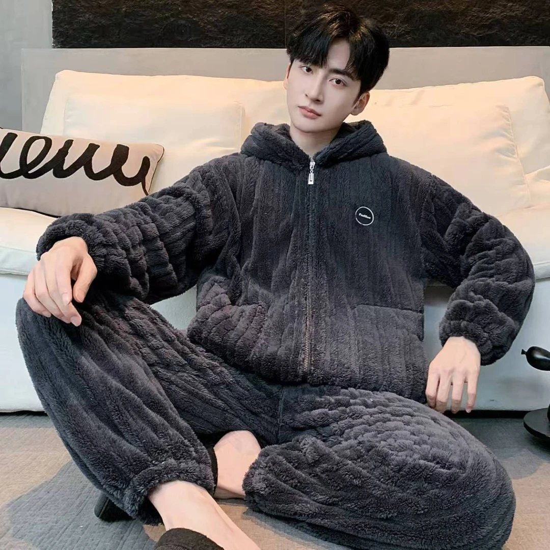 睡衣男秋冬季加厚保暖珊瑚绒连帽家居服休闲宽松套装可外穿法兰绒
