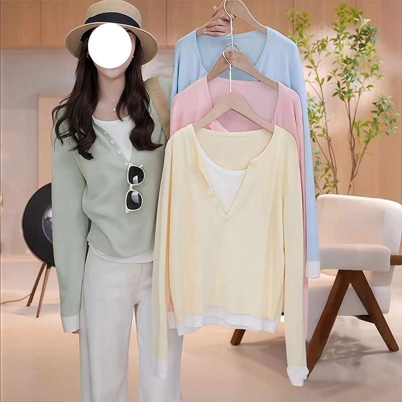 2025春季新款减龄撞色薄款针织衫女设计感假两件时尚百搭上衣ins