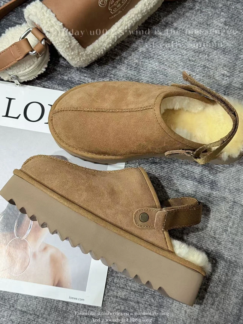 河南桑坡新款厚底拉娜穆勒拖真皮真毛雪地靴冬季时尚洋气保暖百搭