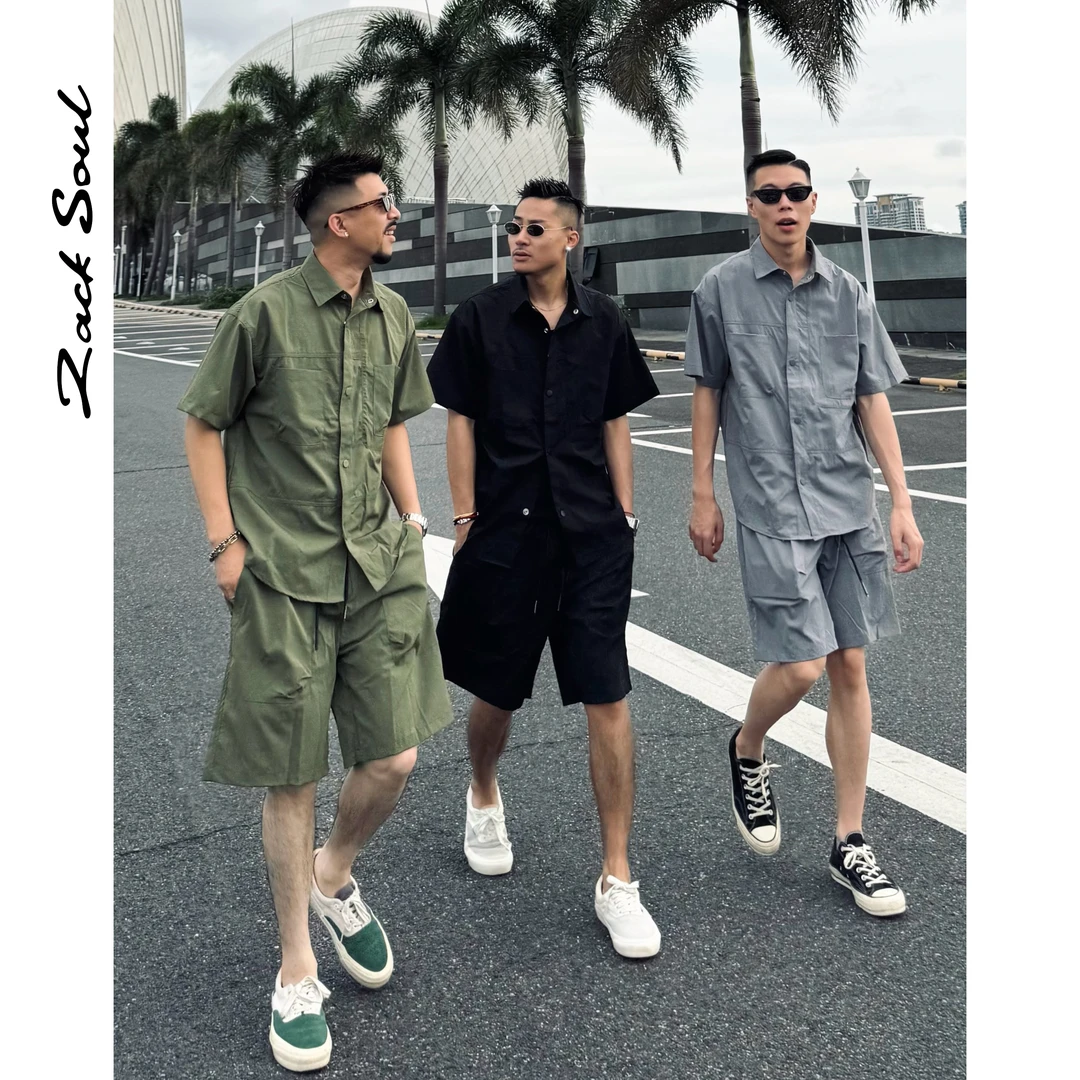 Zacksoul 复古珠光格夏季衬衫套装短袖短裤百搭宽松休闲