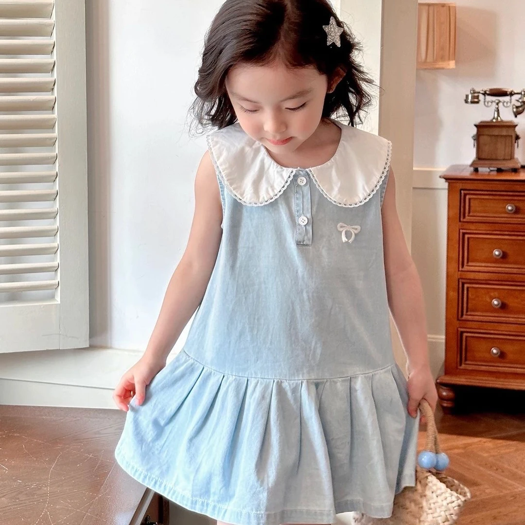 2025新款夏季女童装连衣裙学院风甜美无袖娃娃领裙女宝可爱裙子