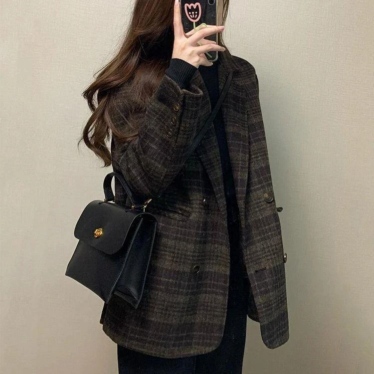 2025新款法式小香风高级感气质复古加厚格纹毛呢西装外套女春款