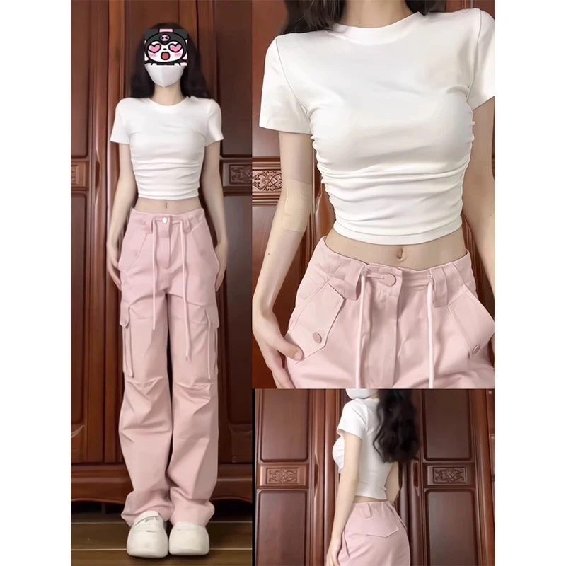 夏季新款白色t恤女褶皱别致修身体恤港味chic辣妹短袖款正肩上衣