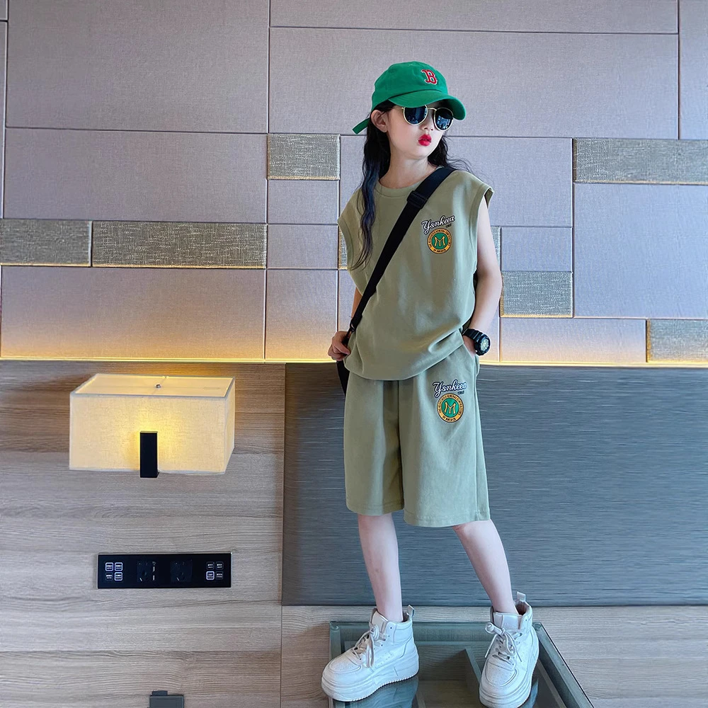 女童夏装宽松痞帅背心五分裤两件套2025新款中大童女孩运动套装潮