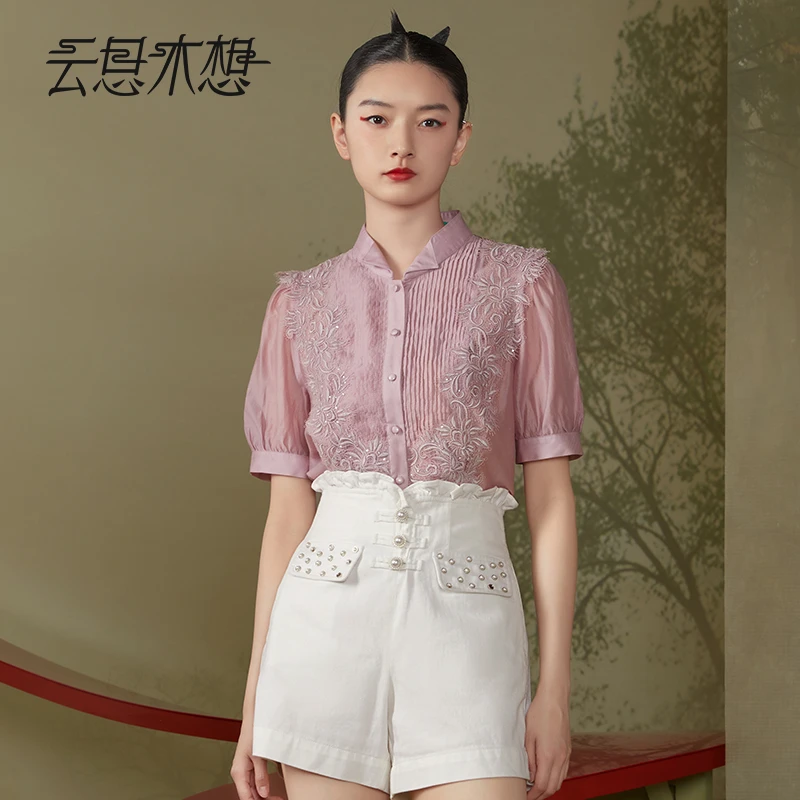 Ysimo-X云思木想原创中国风2024夏季新款蕾丝花边压褶衬衫11834