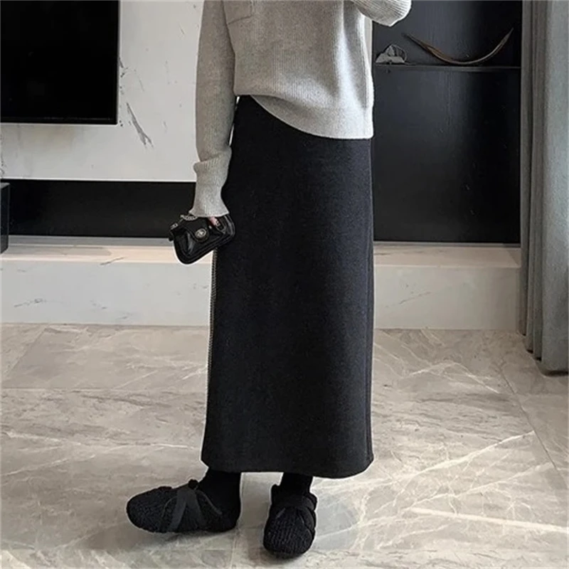 慵懒风气质显瘦毛呢垂感半身裙女士2025早秋复古休闲高腰松紧长裙