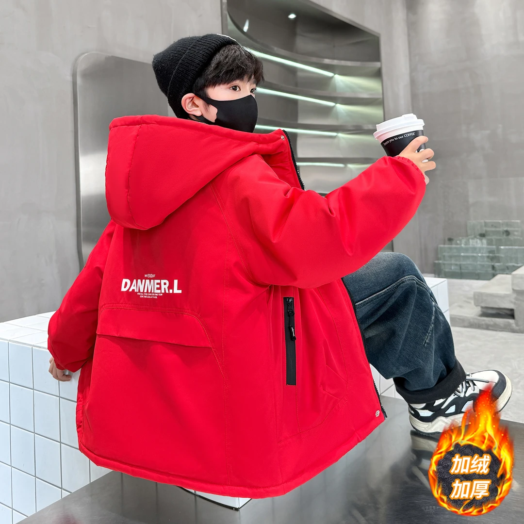 男童加绒外套冬季连帽冲锋衣中大儿童冬款加厚棉衣男孩冬装派克服