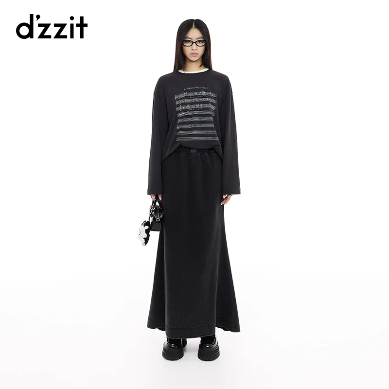 dzzit地素长袖T恤25春新款撞色圆领宽松乐谱印花上衣女3J1B519