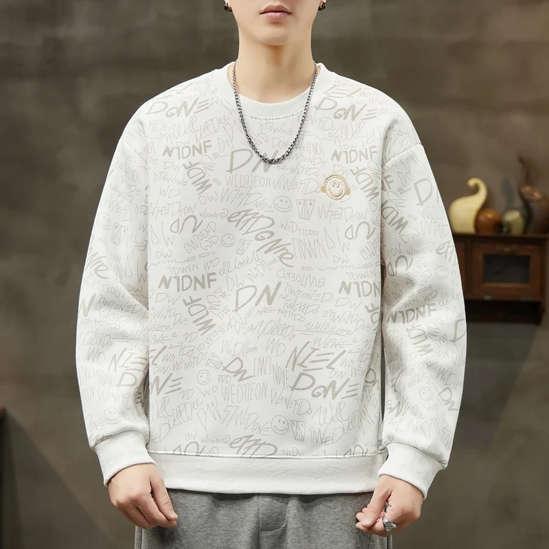 稻草人2025秋季男士休闲卫衣新款潮牌宽松圆领无帽印花男生长袖衣