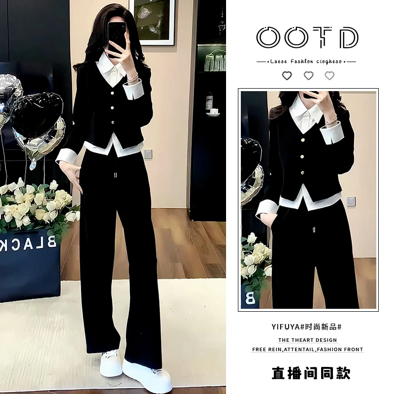 高含棉休闲减龄套装女2026年春秋新款设计感假两件上衣长裤两件套