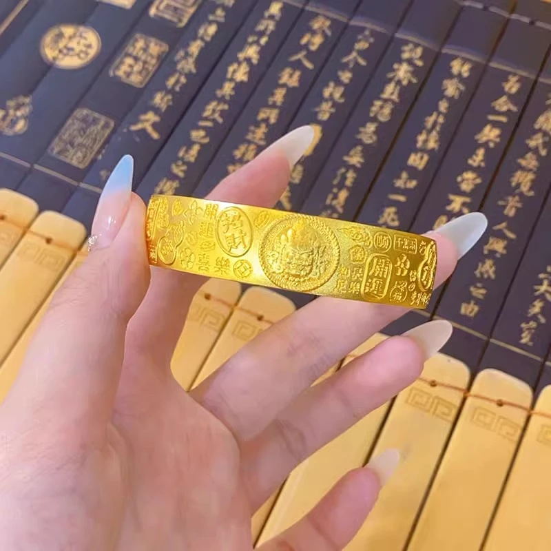 足银手镯 宽面黄财神吉言手镯古法手工篆刻实心开口镯子送礼物