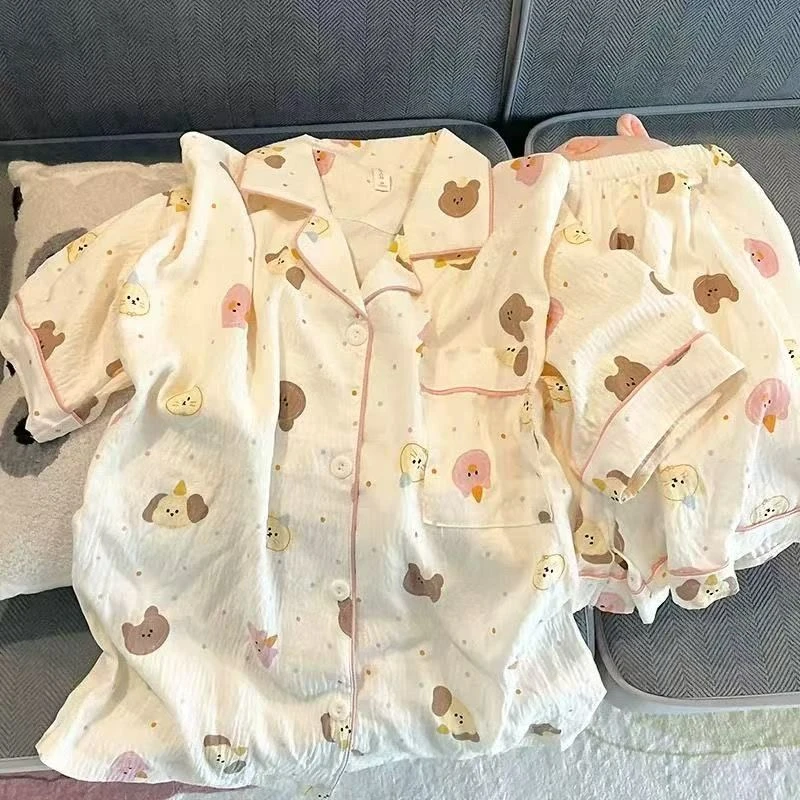 芯语婷夏季新款彩色波点小熊云朵泡泡纱睡衣女卡通ins家居服套装