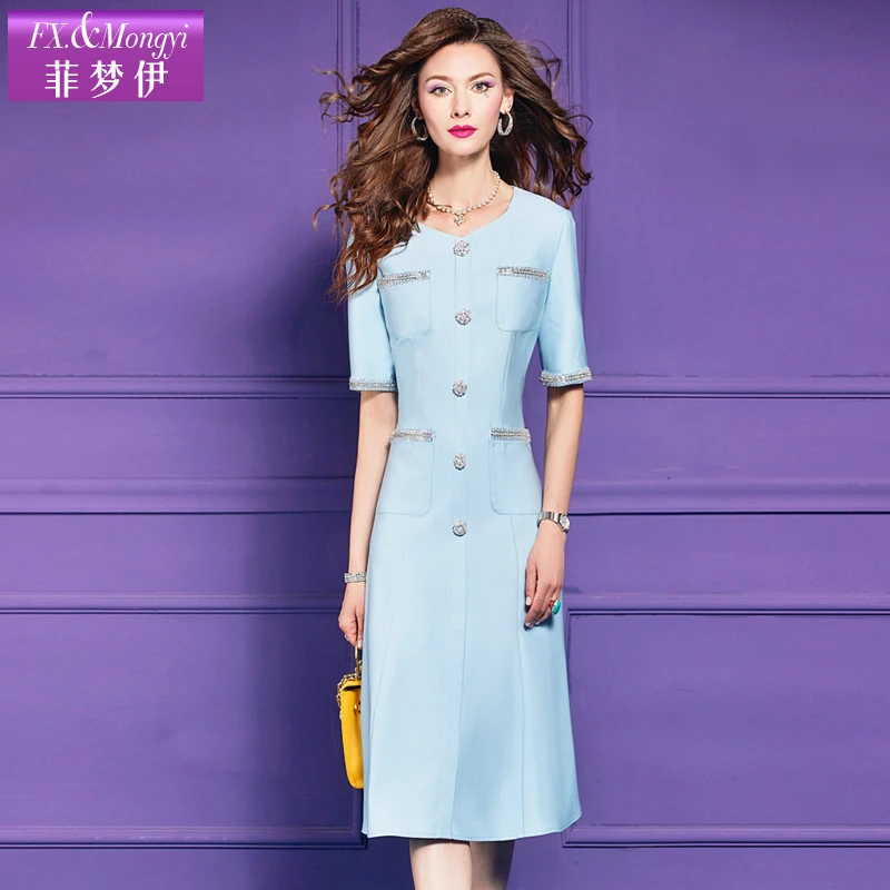 菲梦伊夏新款法式显瘦复古蓝色轻奢优雅名媛气质时尚连衣裙63624