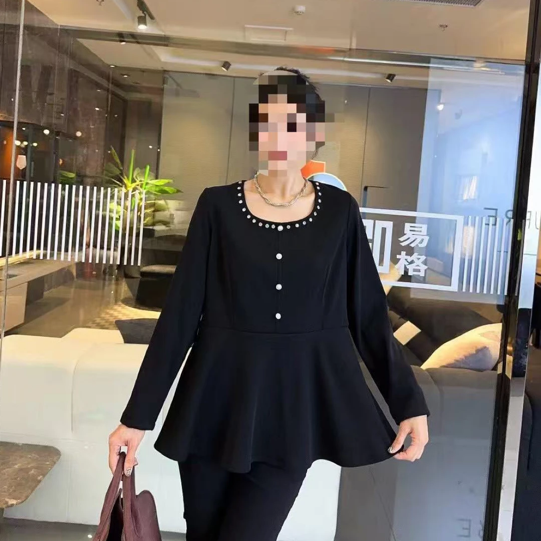 大码女装圆领钉珠加绒蕾丝衫长上衣秋冬季收腰显瘦百搭打底衫8702