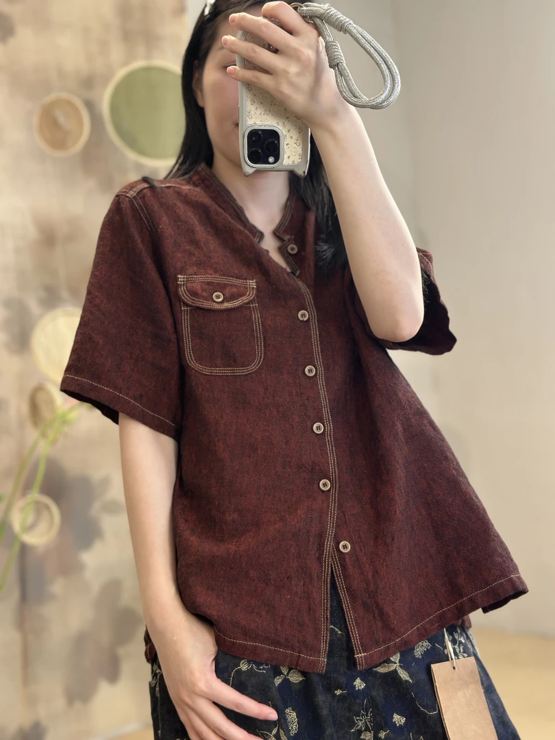 衣牧了然250505色织亚麻夏季立领两穿小上衣时尚休闲水洗做旧