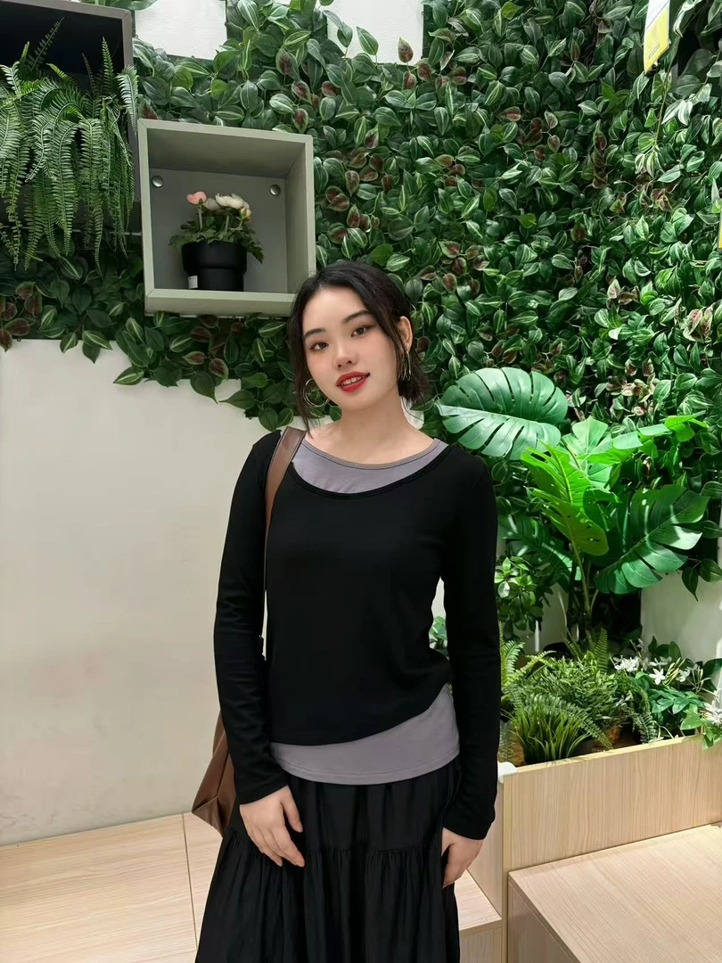 宽松型百搭假两件修身型长袖女士圆领修身T恤拼接时尚针织不规则