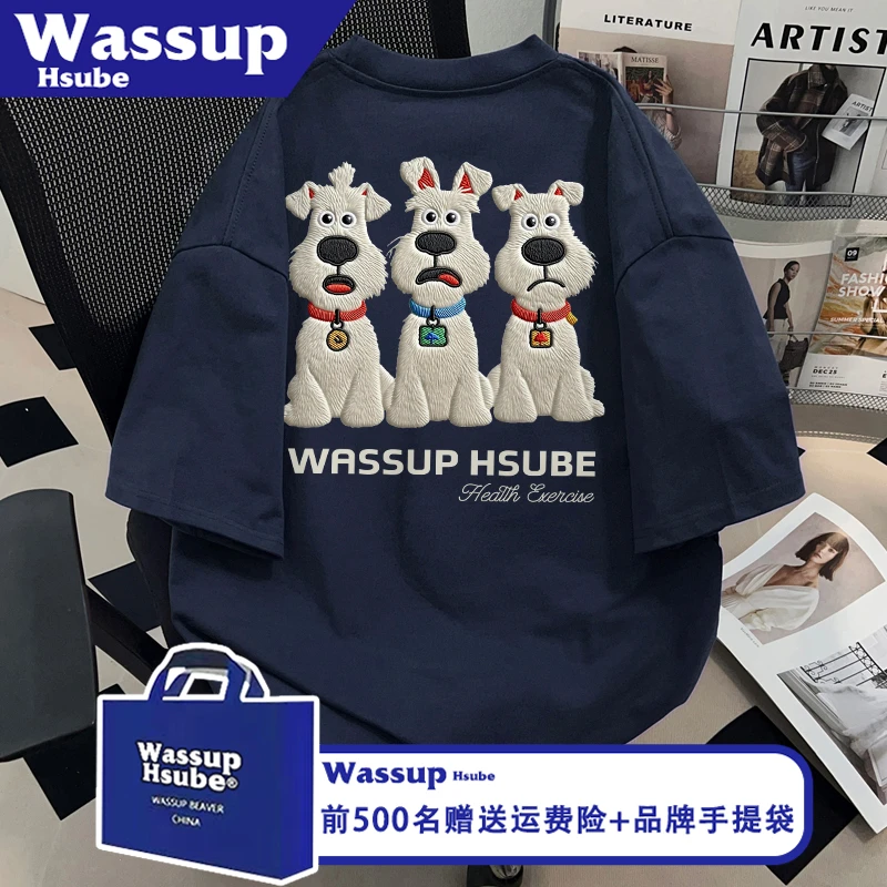 WASSUP HSUBE小狗印花短袖ins美式百搭T恤藏青纯棉男女情侣装上衣