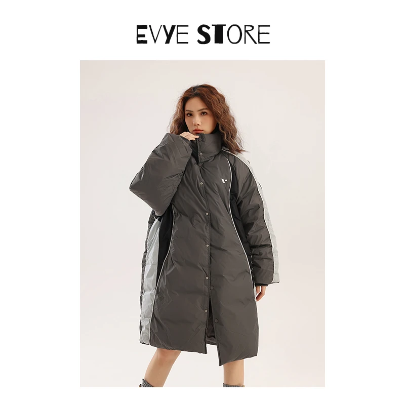 Evye Store~冬季过膝外套撞色拼接加厚90白鸭绒中长款羽绒服女