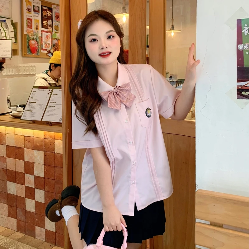 单拍阿车家的大码jk原创精致短袖衬衫日系学院风粉色衬衣显瘦上衣