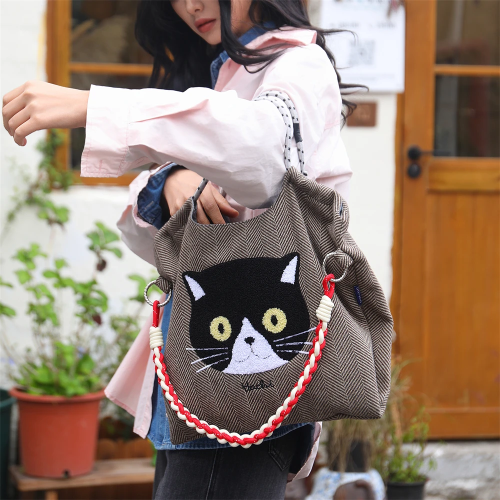 日系刺绣托特包时尚大容量女包手提斜跨单肩包外出收纳袋