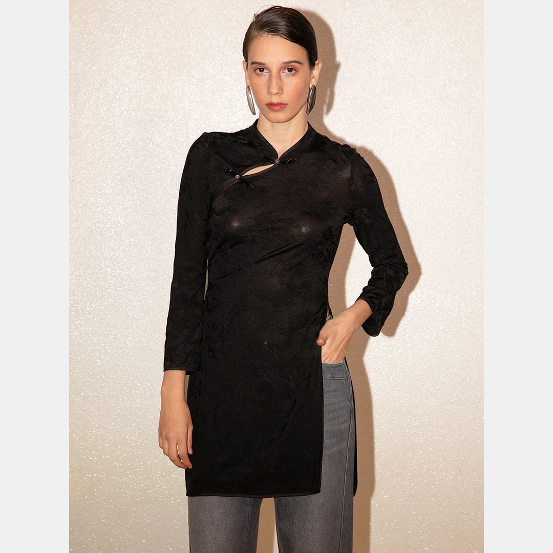 【乌兰托娅专属】西蔻石墨黑人丝新中式斜叉修身长款T恤64515608