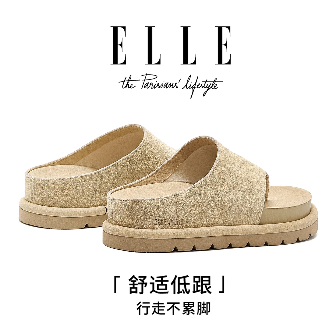 ELLE厚底防滑夹趾勃肯鞋女2025新款夏季沙滩鞋复古真皮透气人字拖