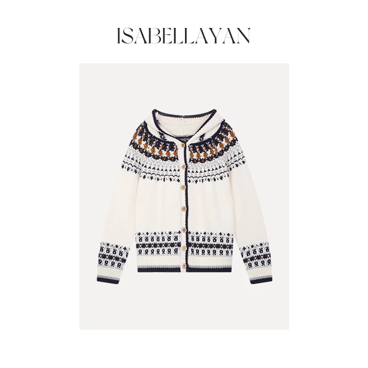【Isabella】费尔岛提花连帽毛衣外套慵懒风羊毛开衫M27438IS44