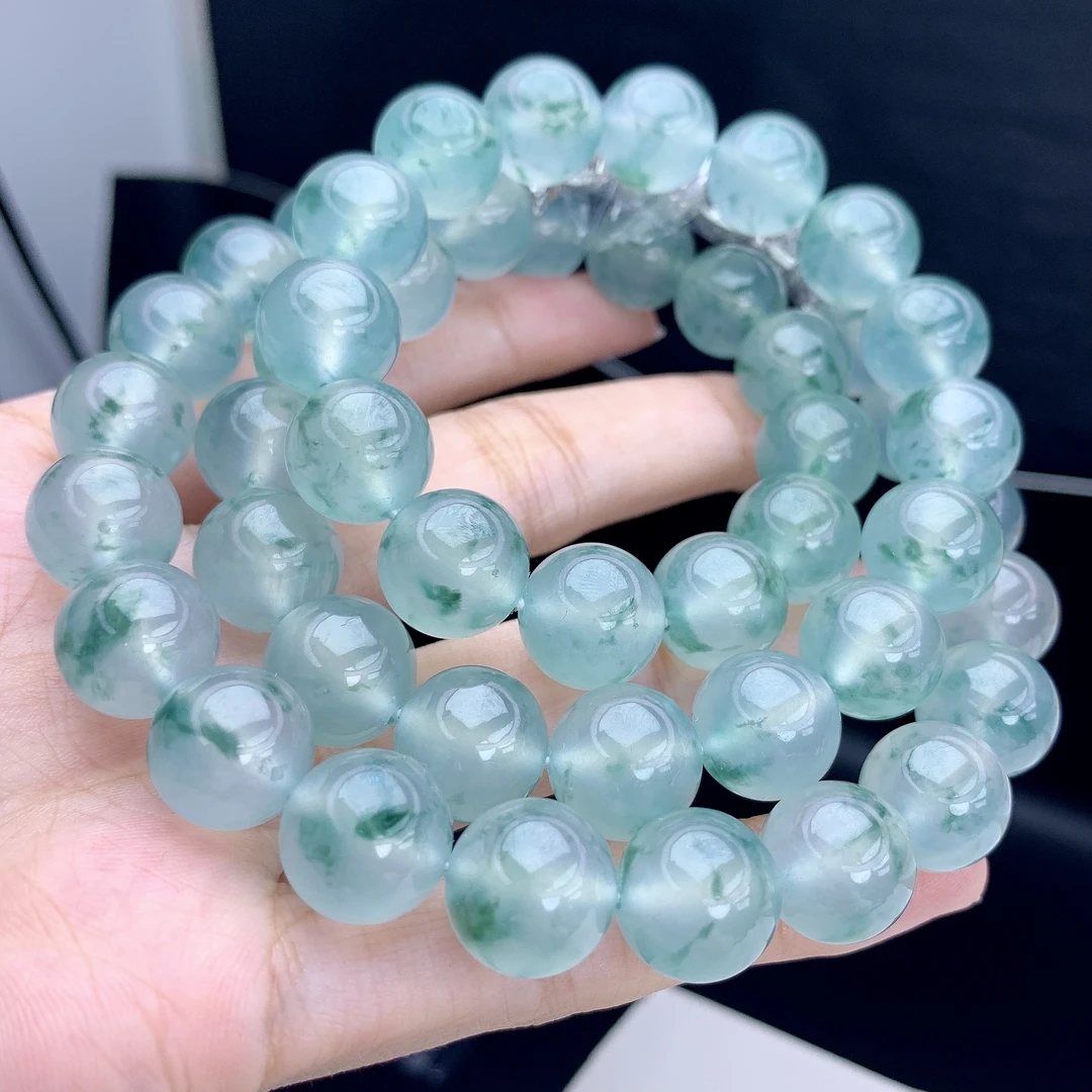 缅甸A货翡翠高冰飘花圆珠项链珠链多圈长串5YH2T17卡12.7mm630mm