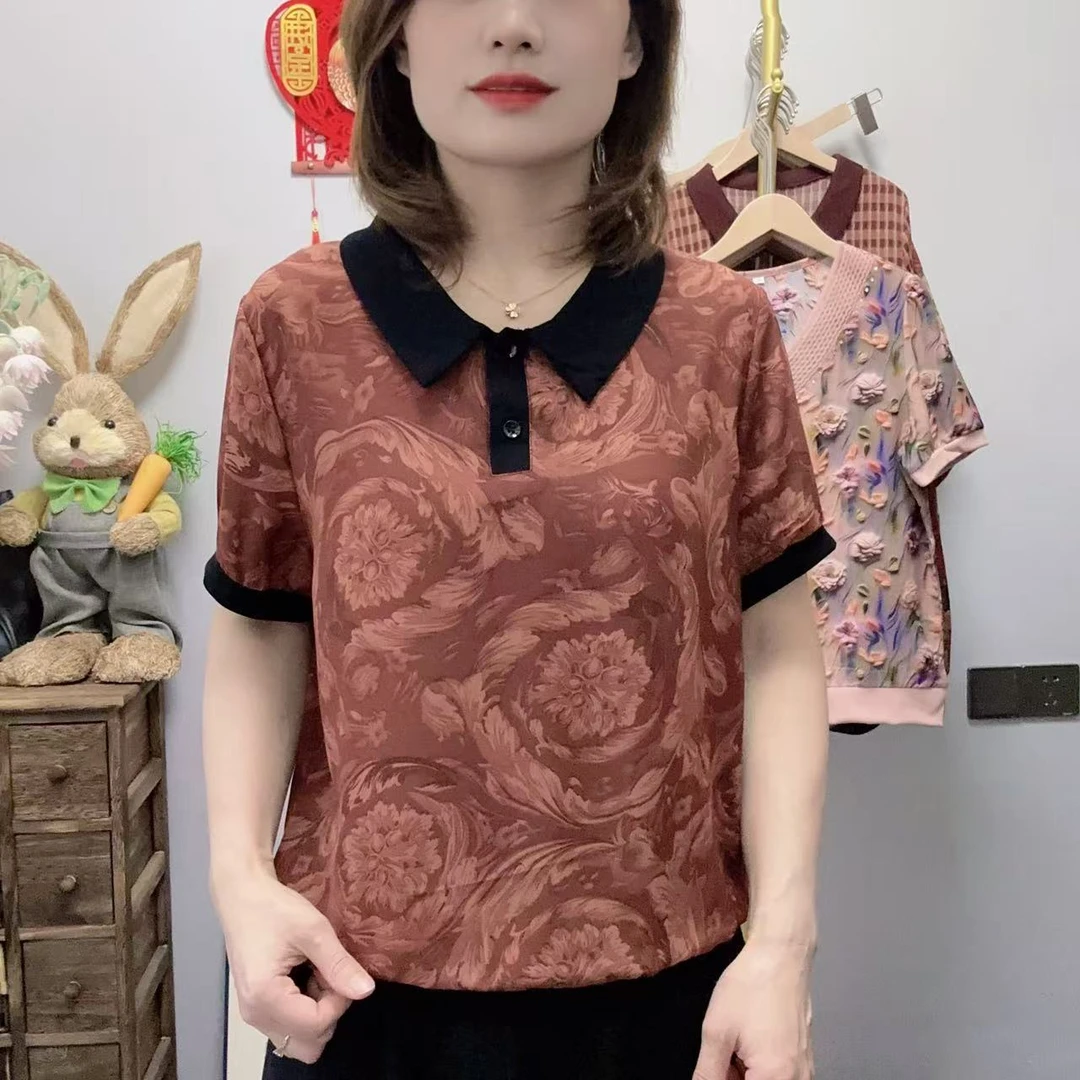 【丽姐家】夏季新款妈妈装短袖时尚洋气宽松宽松翻领百搭显瘦上衣