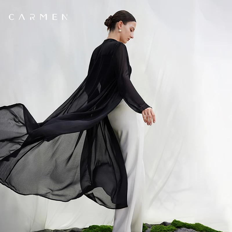 卡蔓高端雪纺长款开衫外套女薄款2025夏季宽松气质百搭防晒空调衫