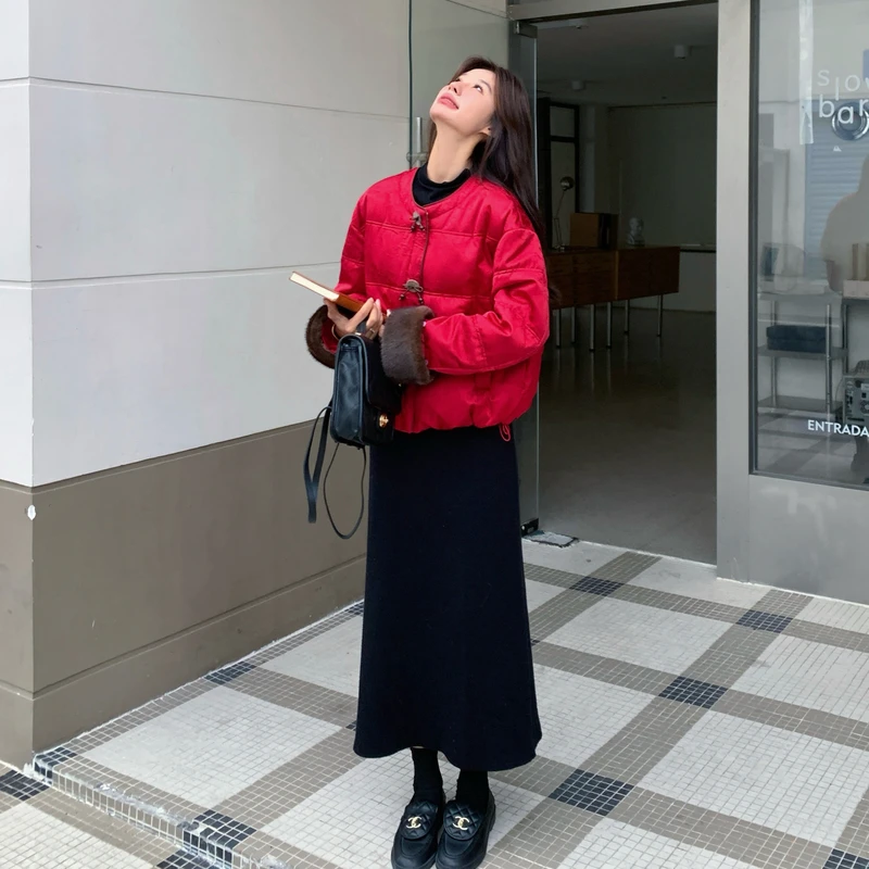 新年红毛茸茸拼接绒羽绒服女冬季2025年新款新中式国风气质白鸭绒