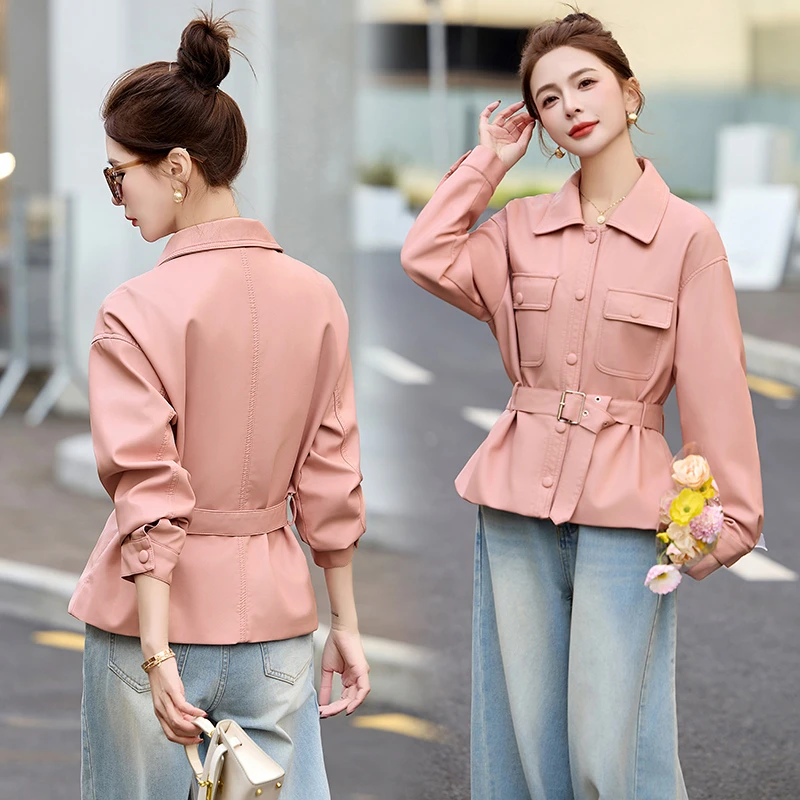 高级感复古收腰系带皮衣女欧货2025春季新款显瘦百搭短款夹克外套