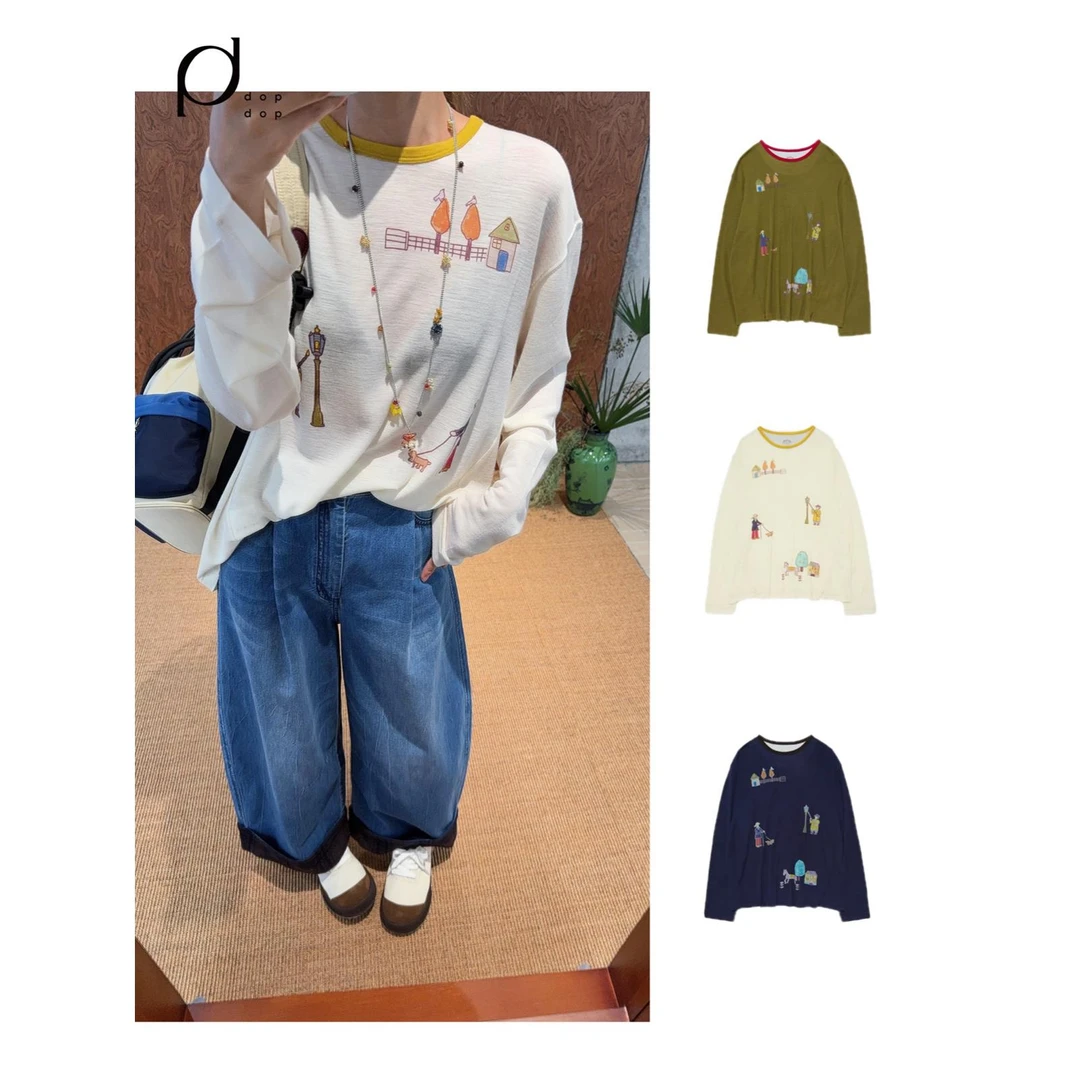 FAFAMOON2025秋印花装饰宽松落肩长袖T恤女1380dopdop买手店