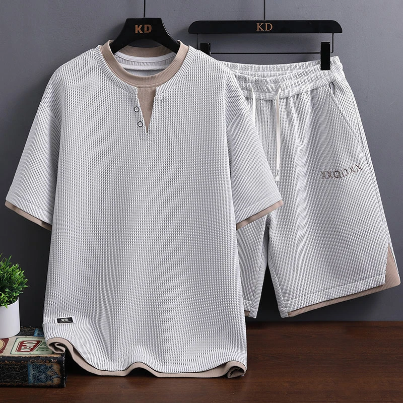 男士假两件圆领冰丝透气短袖T恤休闲套装夏季新款学生体恤两件套