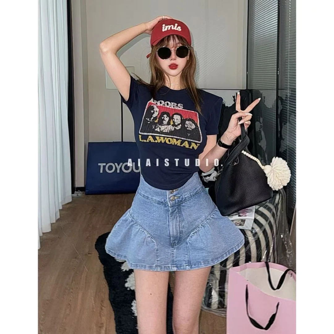 AIAI【复古胶囊】韩代T恤修身短袖圆领时髦弹力t洋气辣妹百搭小衫女