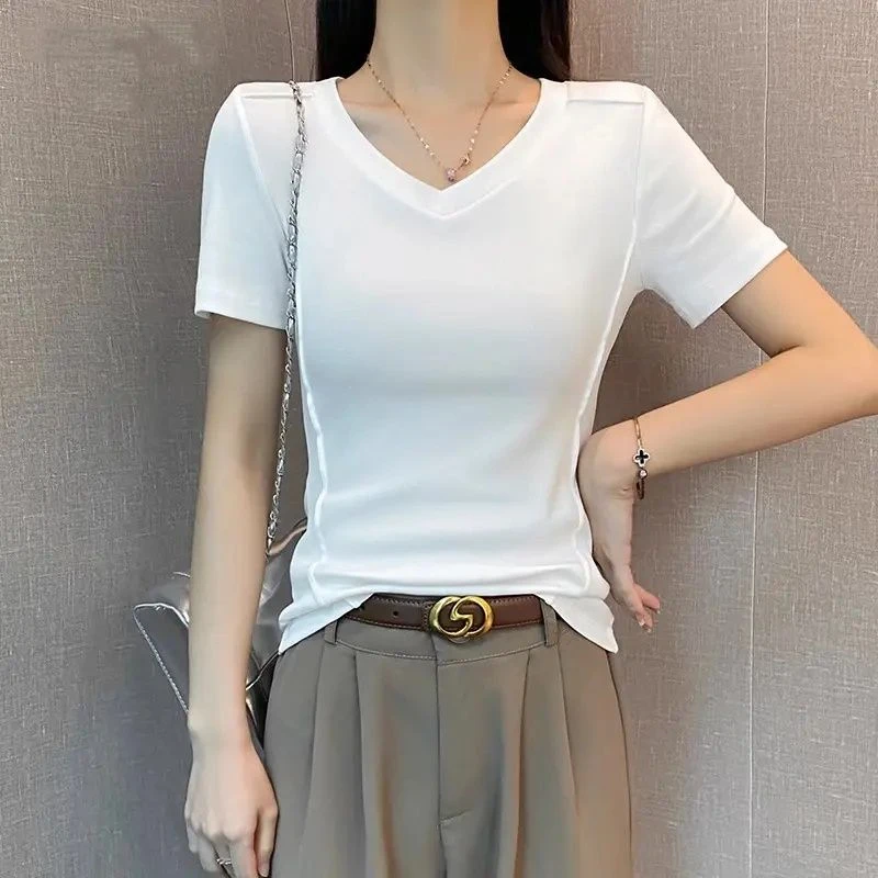 夏季新款设计感鱼骨V领短袖女修身显瘦上衣纯色百搭T恤时尚洋气
