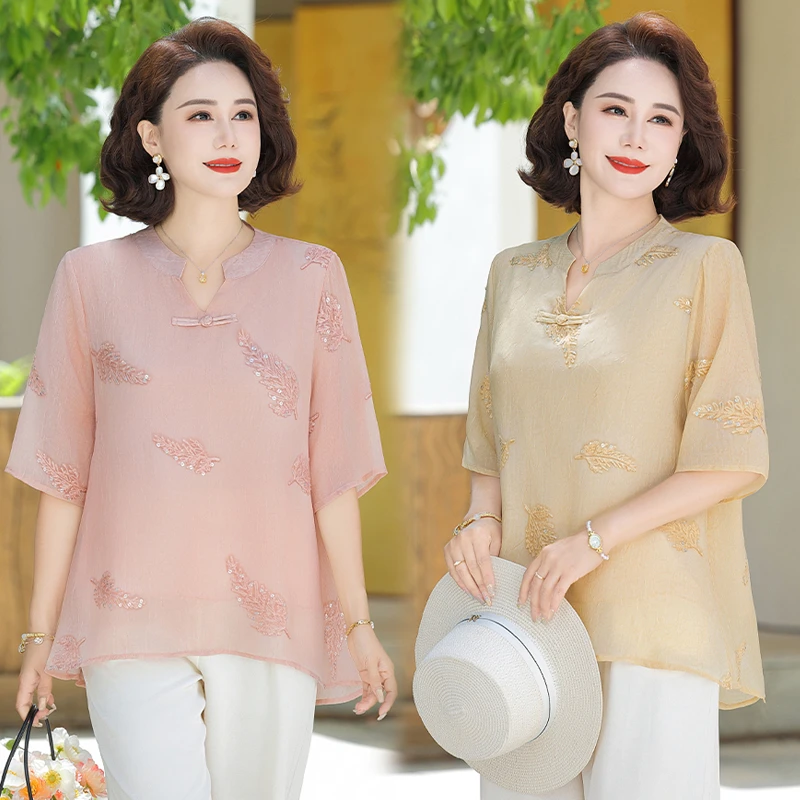 新中式妈妈夏装套装国风小衫2025新款中老年人夏季短袖雪纺上衣女